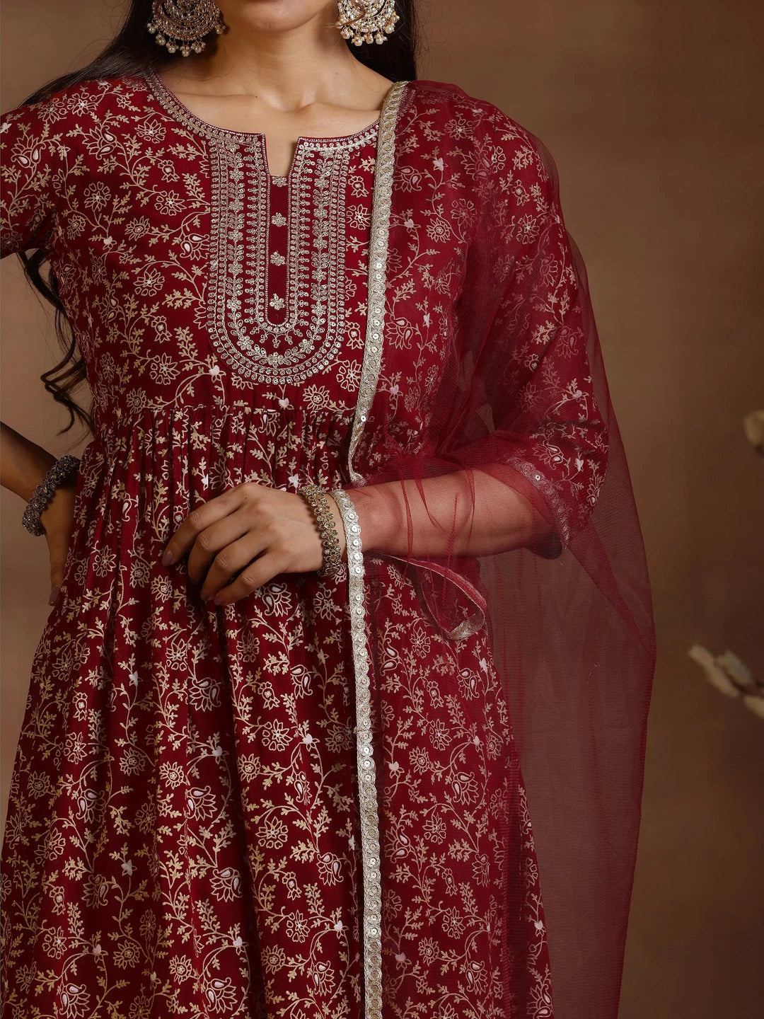  Maroon Printed Georgette A-Line Kurta With Trousers & Dupatta 