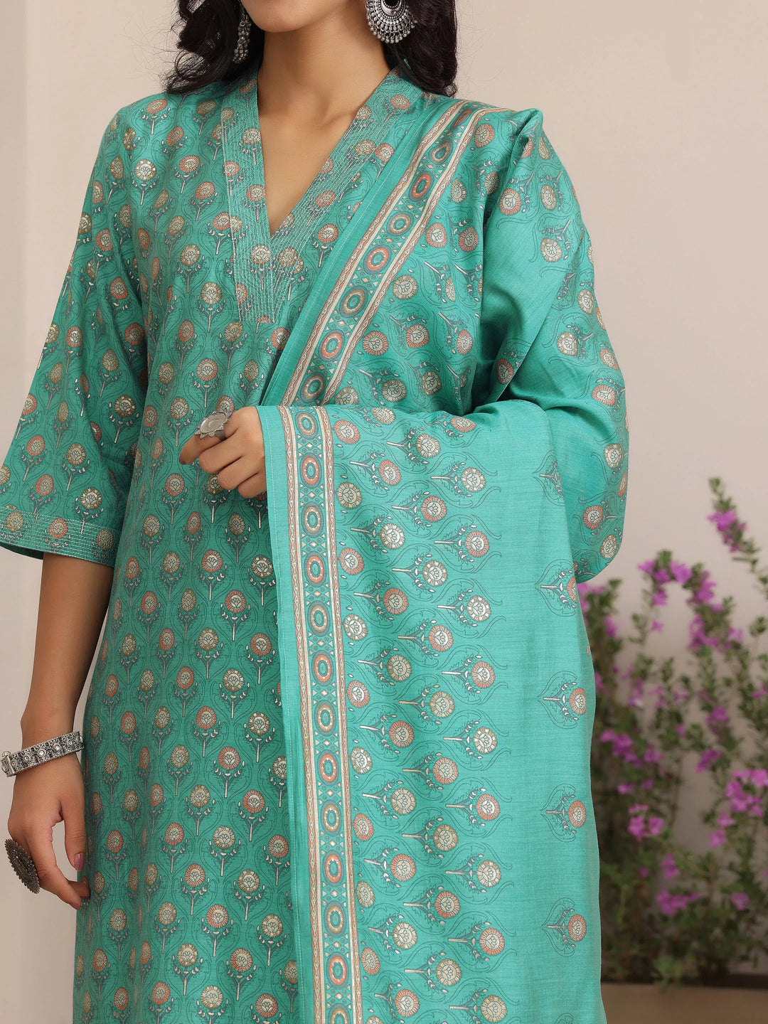  Blue Printed Silk Blend Straight Suit With Dupatta 