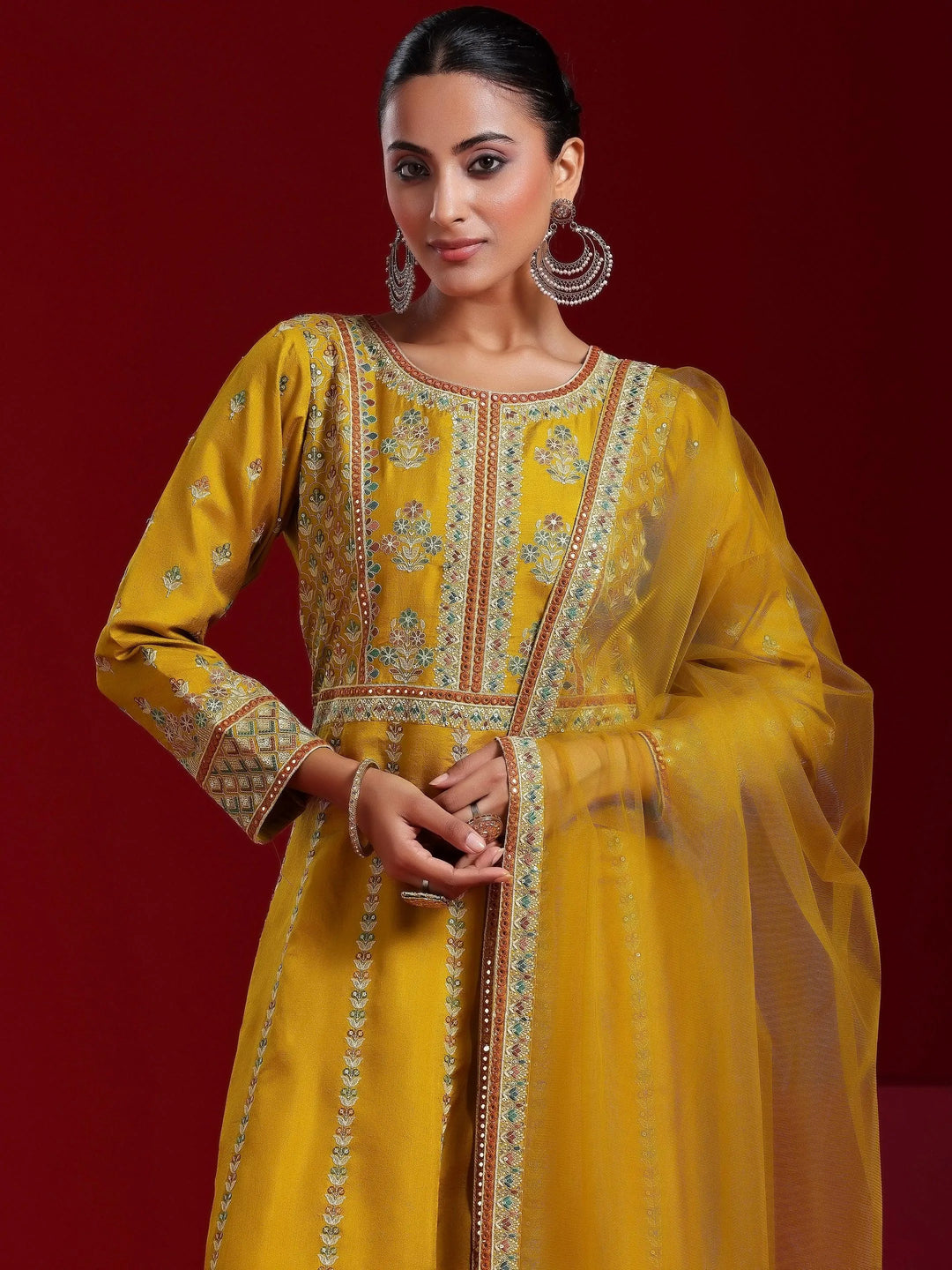 Libas Art Mustard Embroidered Silk Blend A-Line Kurta With Sharara & Dupatta - Libas 