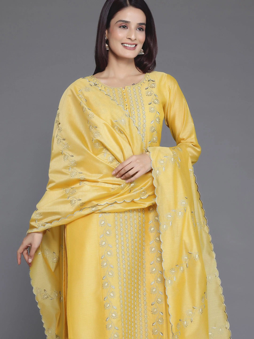 Yellow Embroidered Chanderi Silk Straight Suit With Dupatta - Libas 