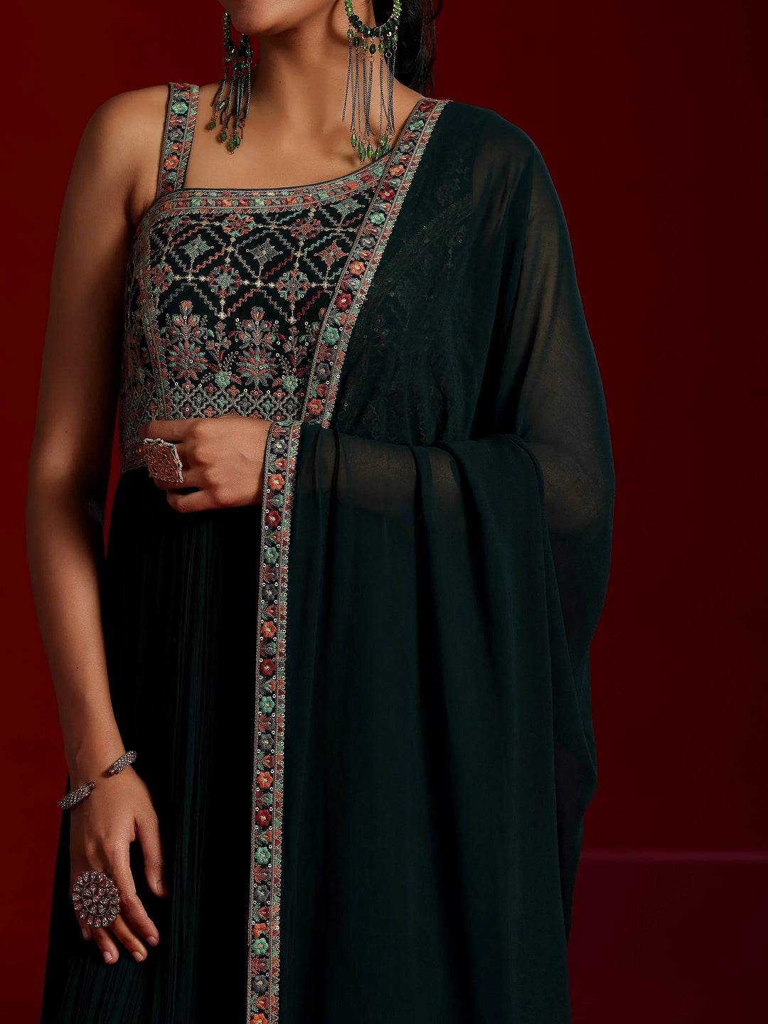  Libas Art Blue Embroidered Georgette A-Line Kurta With Trousers & Dupatta 