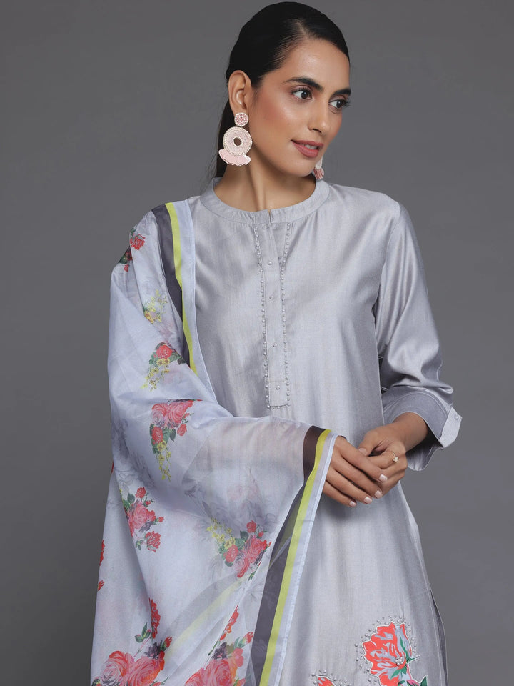 Grey Self Design Silk Blend Straight Suit With Dupatta - Libas