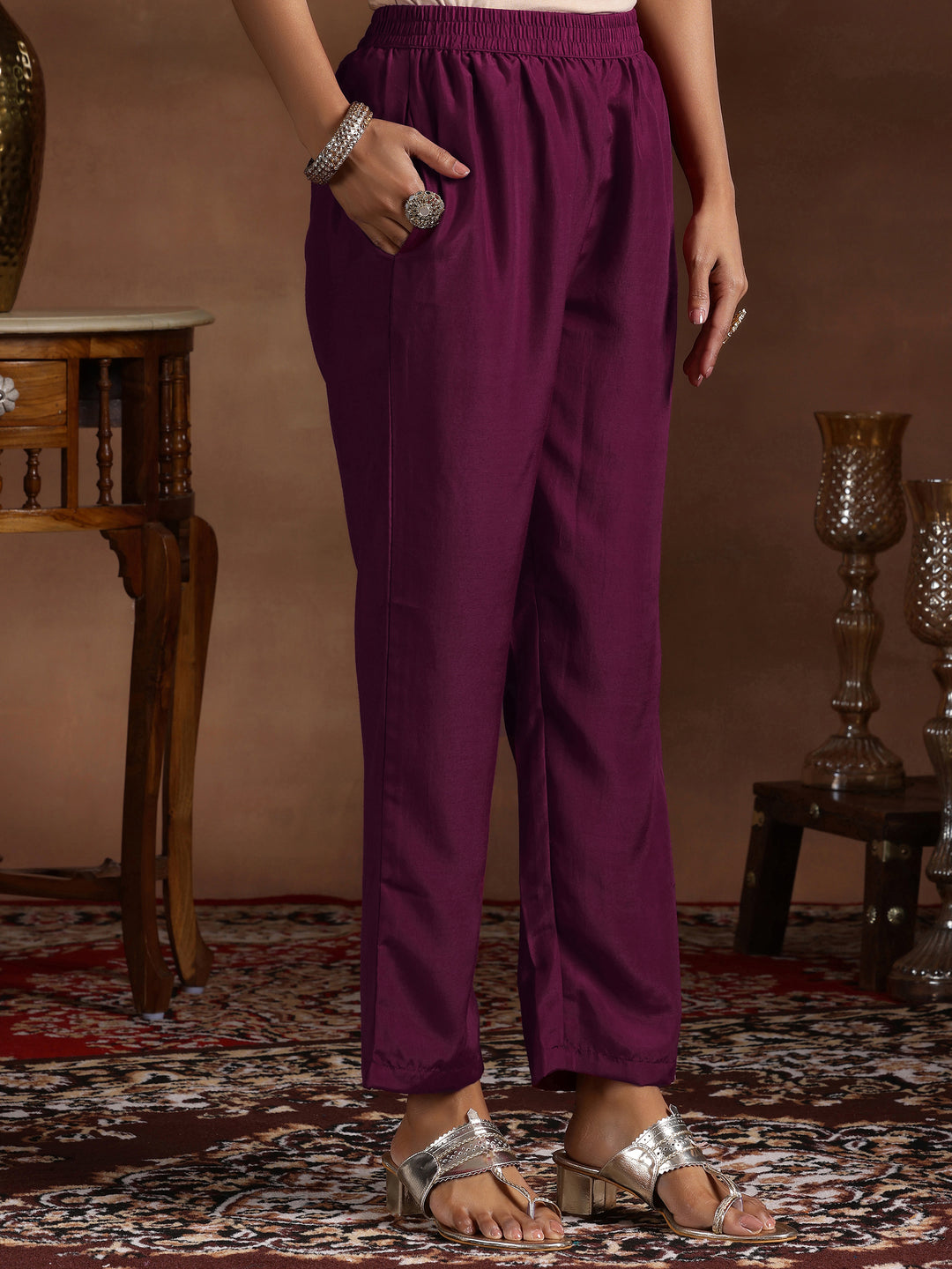  Wine Embroidered Silk Blend Straight Suit With Dupatta 