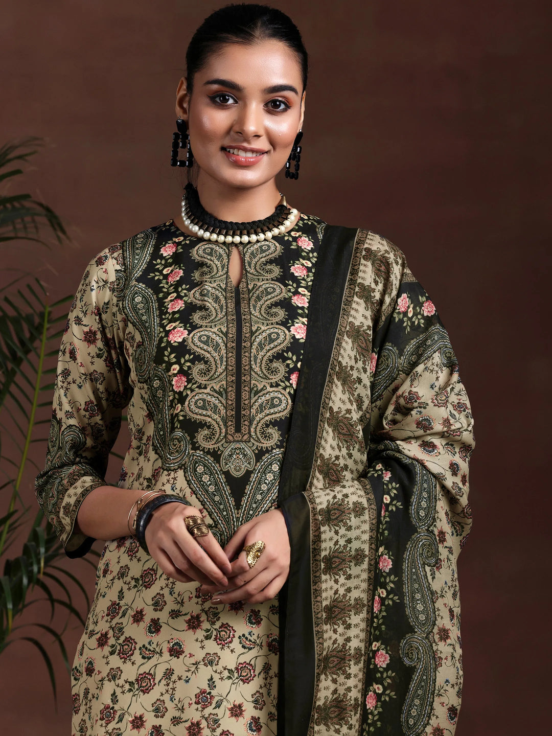 Beige Printed Poly Crepe Straight Suit With Dupatta 