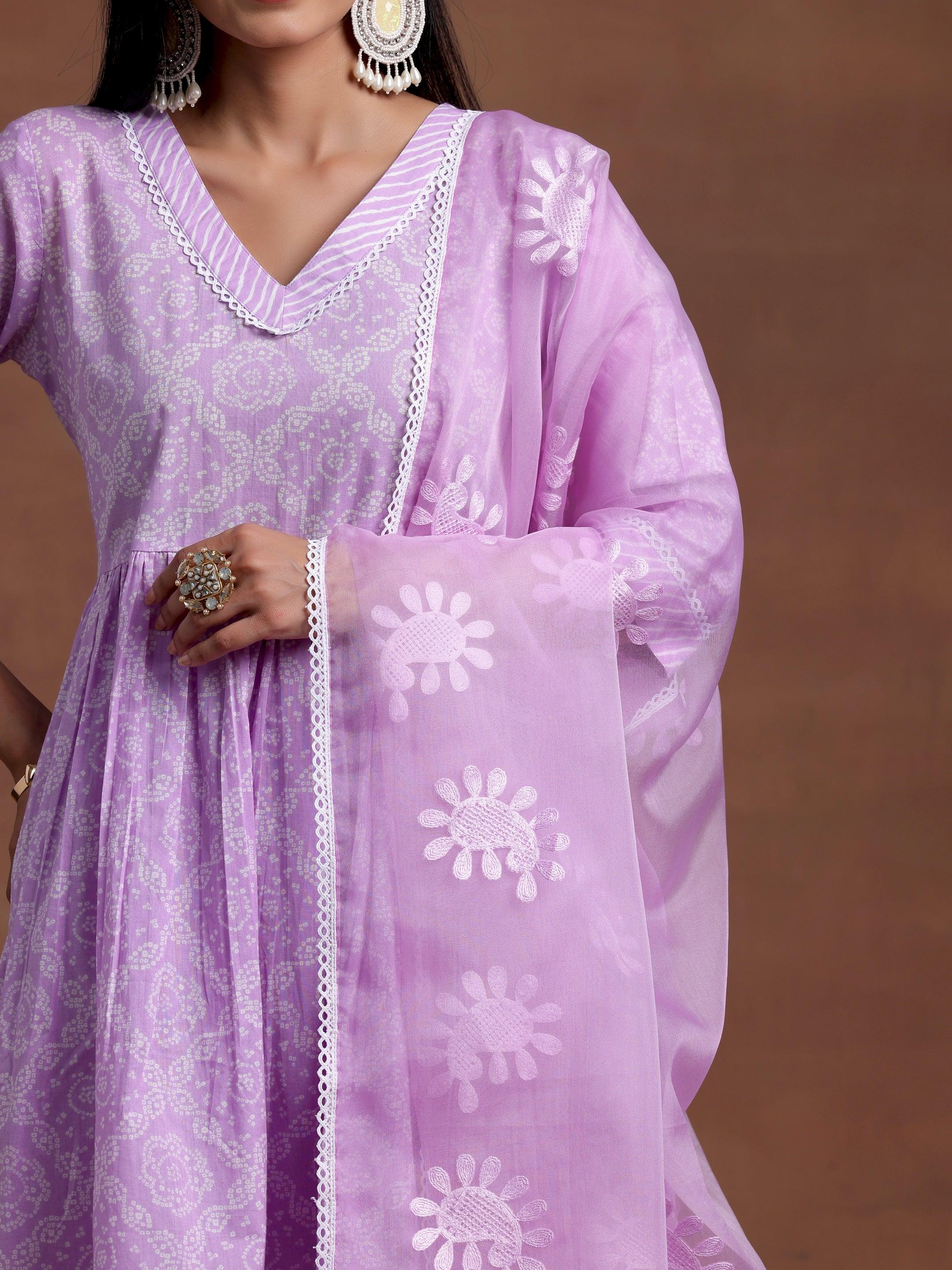 Purple Printed Cotton A-Line Kurta With Sharara & Dupatta