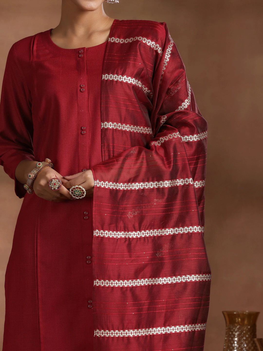  Maroon Solid Cotton Blend Straight Suit With Dupatta 