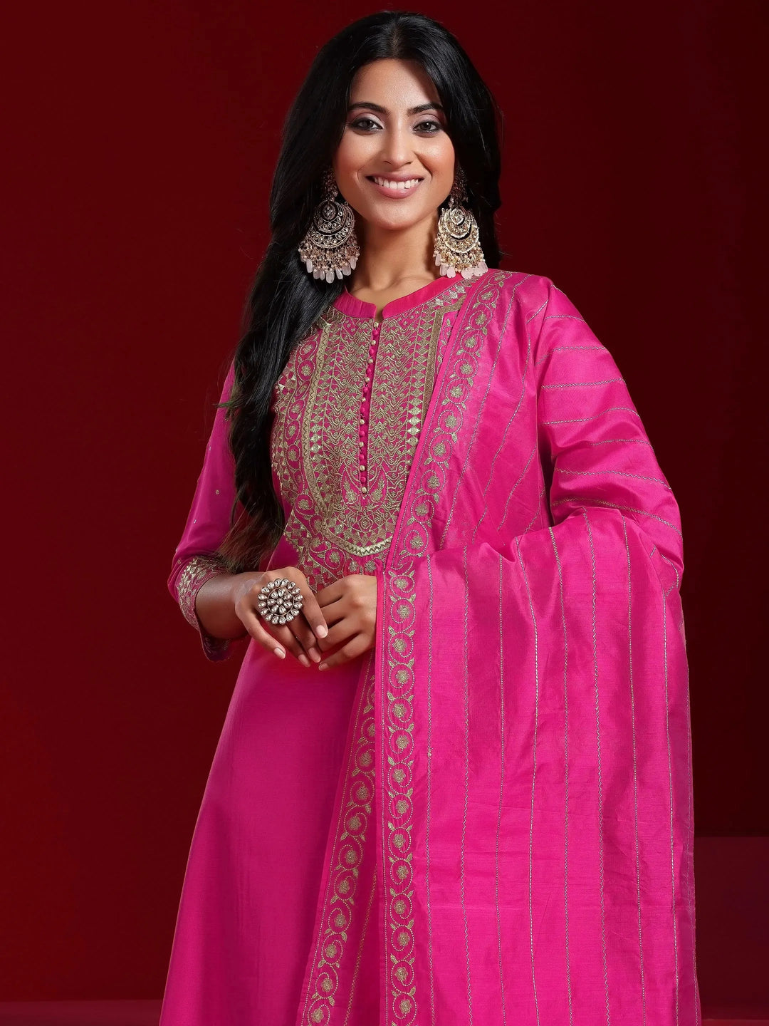  Libas Art Pink Yoke Design Chanderi Silk Straight Suit With Dupatta 