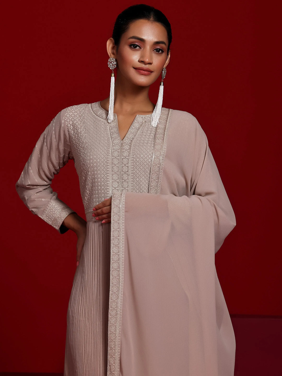  Libas Art Beige Embroidered Georgette A-Line Kurta With Palazzos & Dupatta 
