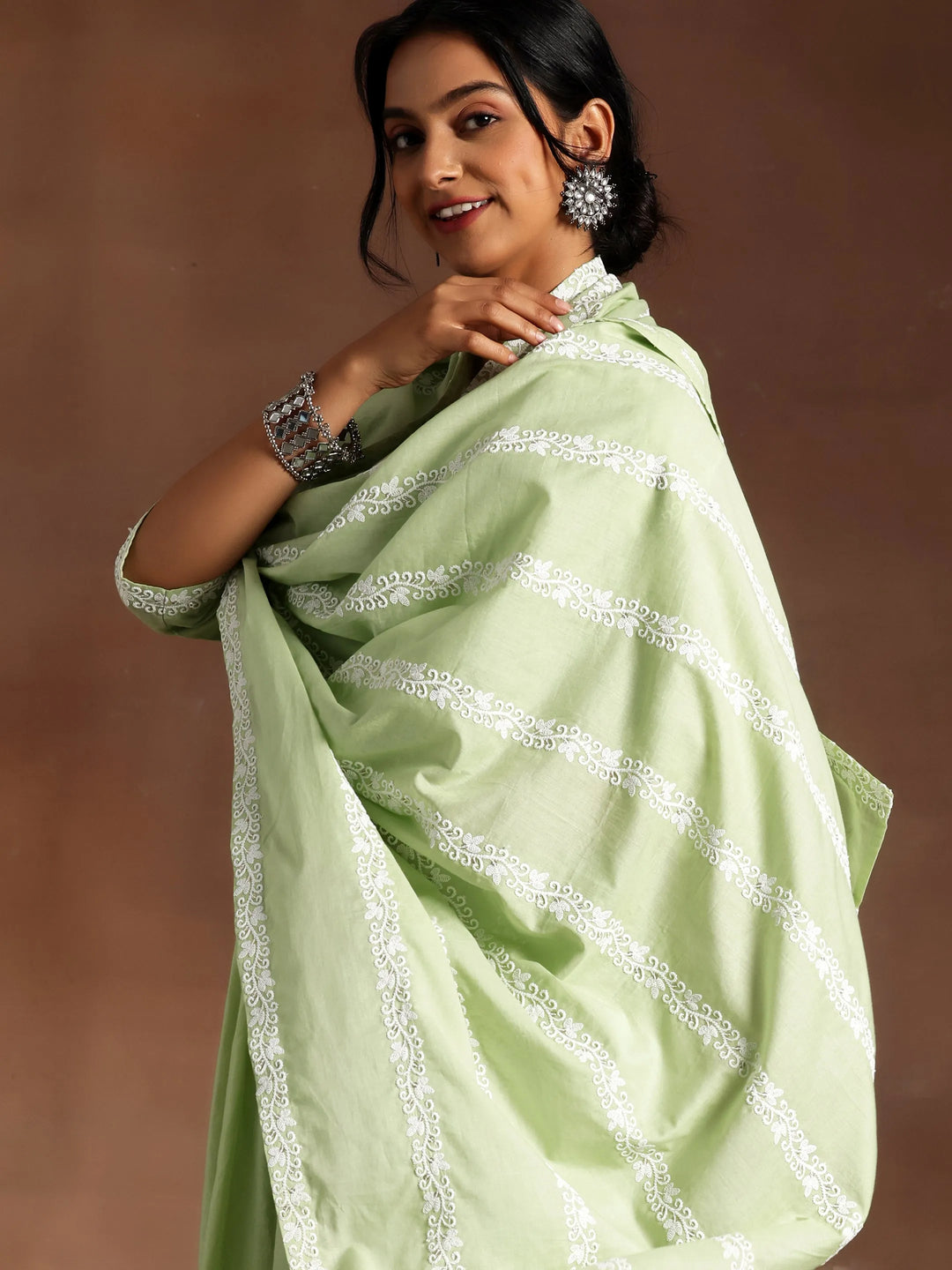  Green Embroidered Cotton A-Line Kurta With Palazzos & Dupatta 