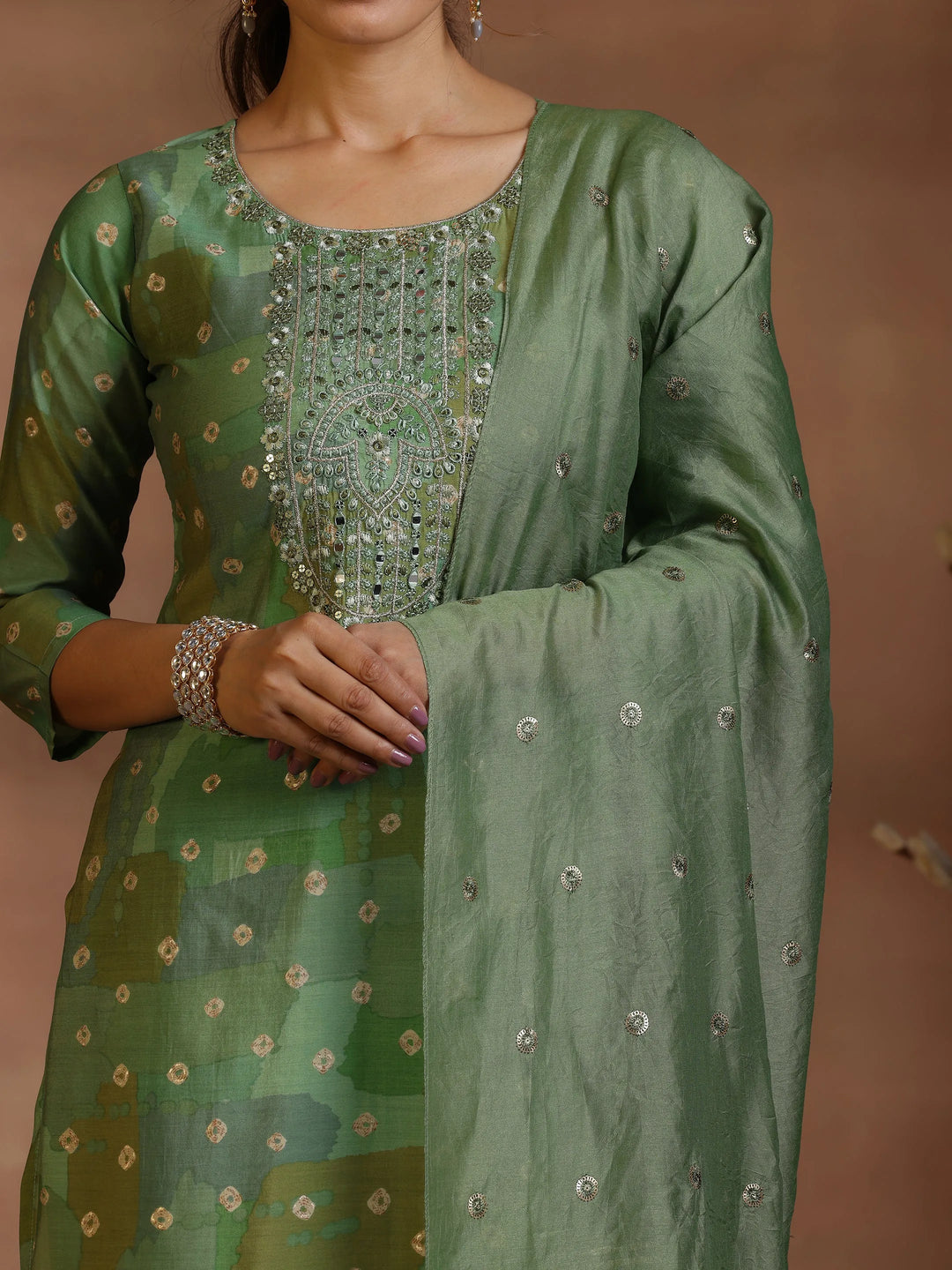  Green Printed Silk blend Straight Suit With Dupatta 