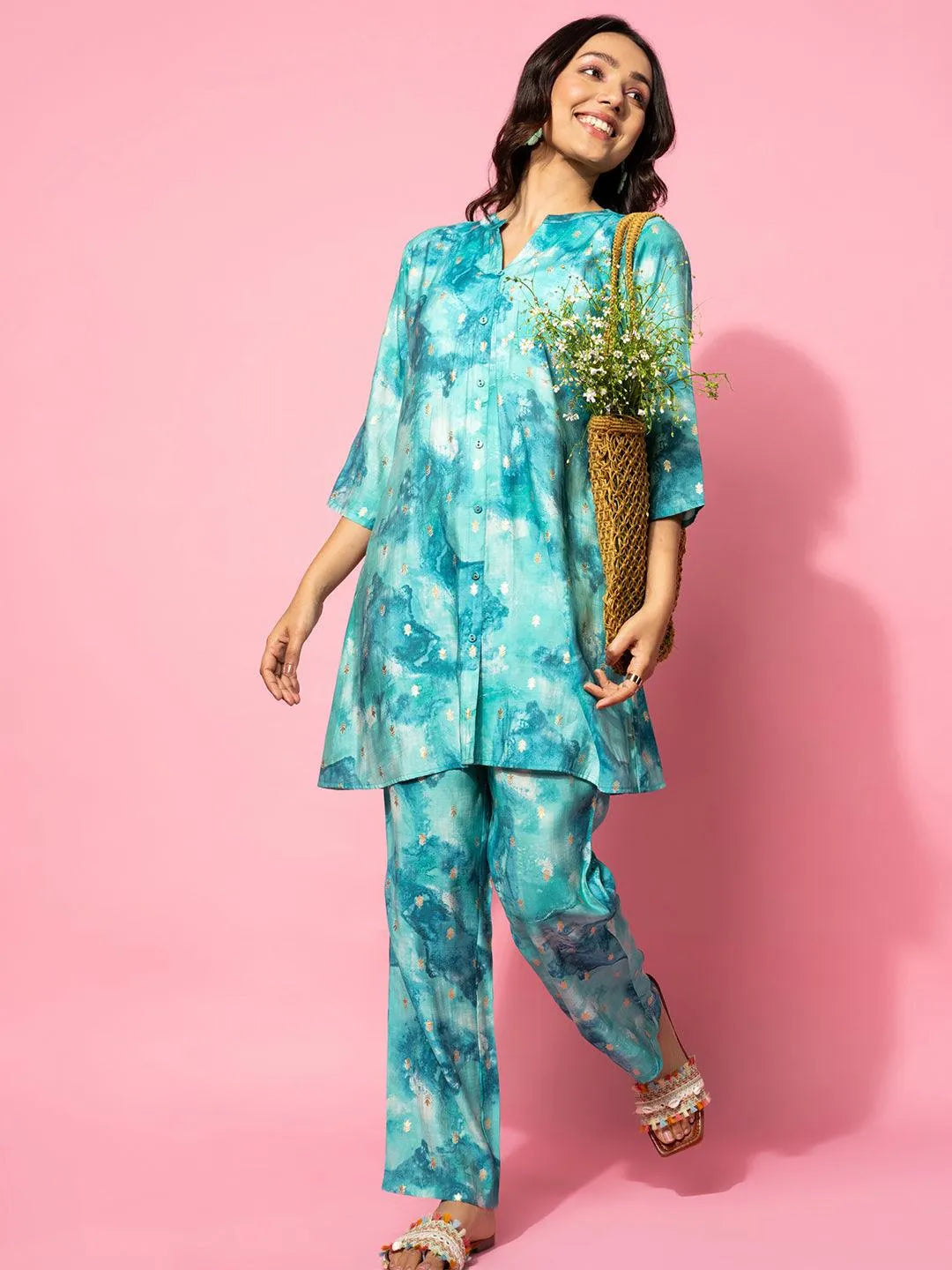 Blue Printed Silk Blend Co-Ords - Libas 