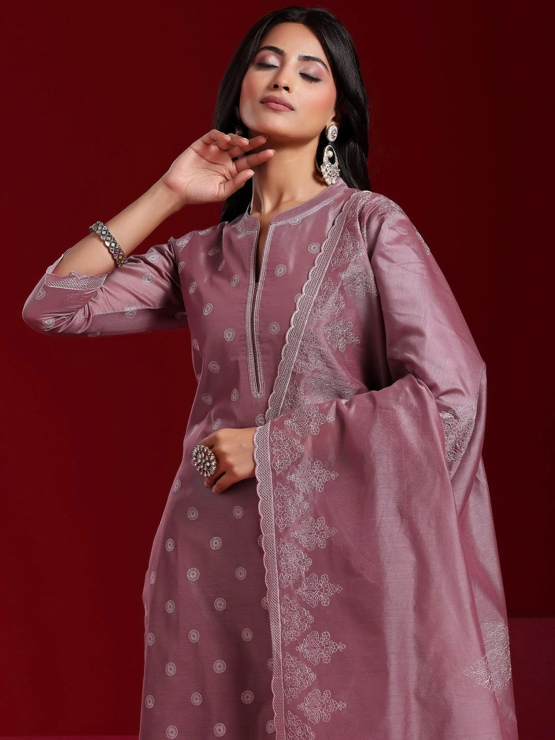  Libas Art Mauve Embroidered Chanderi Silk Straight Suit With Dupatta 