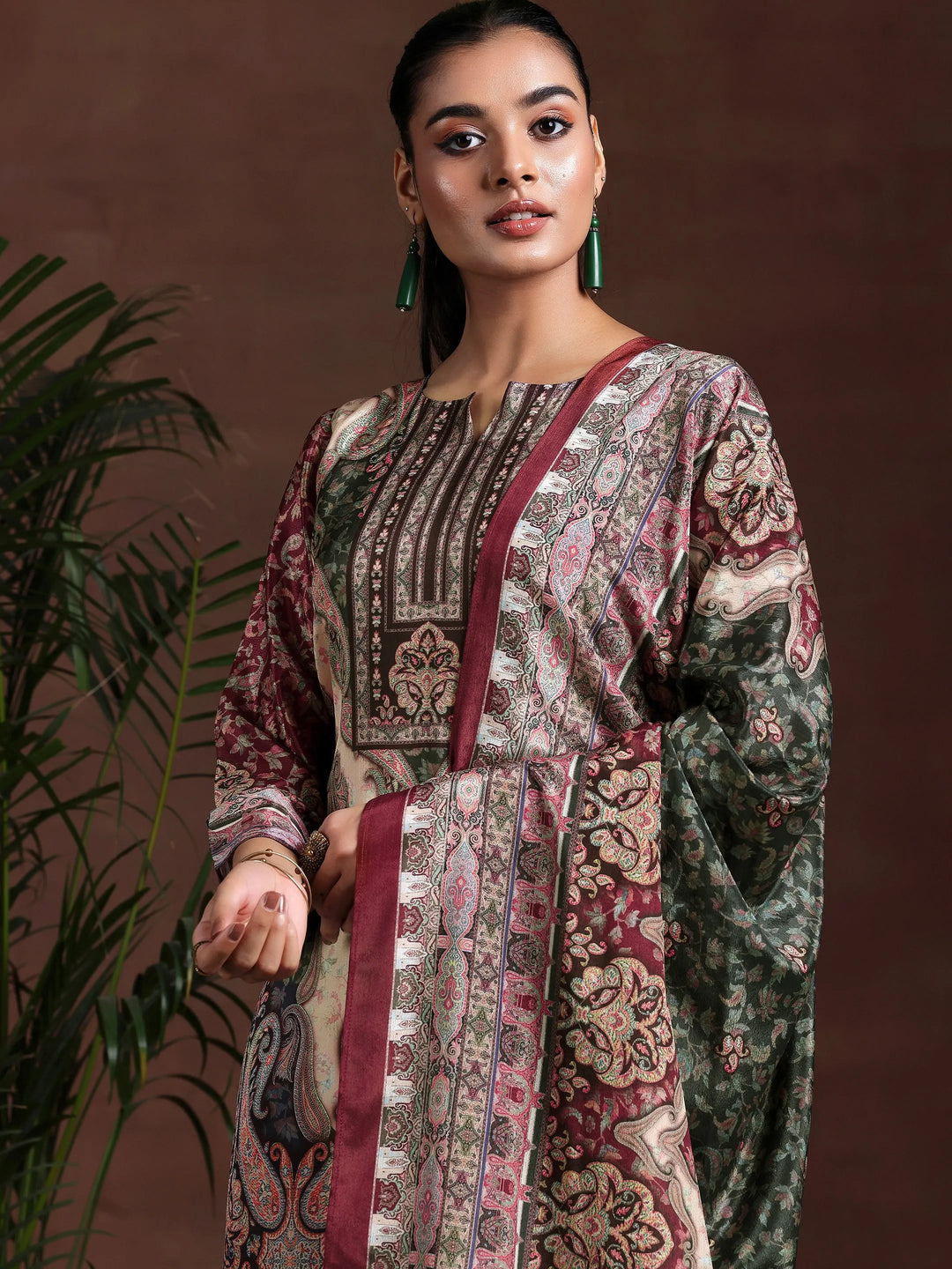  Beige Printed Silk Blend Straight Suit With Dupatta 