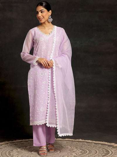 Lavender Embroidered Cotton Straight Suit With Dupatta - Libas