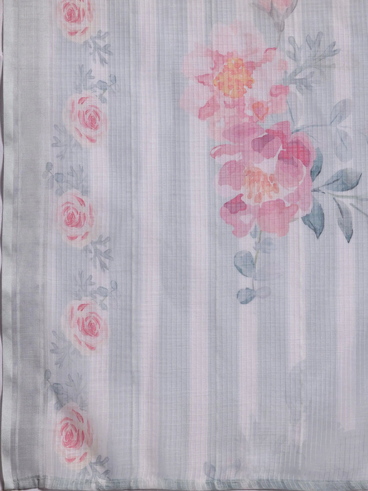 Grey Printed Cotton Blend Straight Suit With Dupatta - Libas