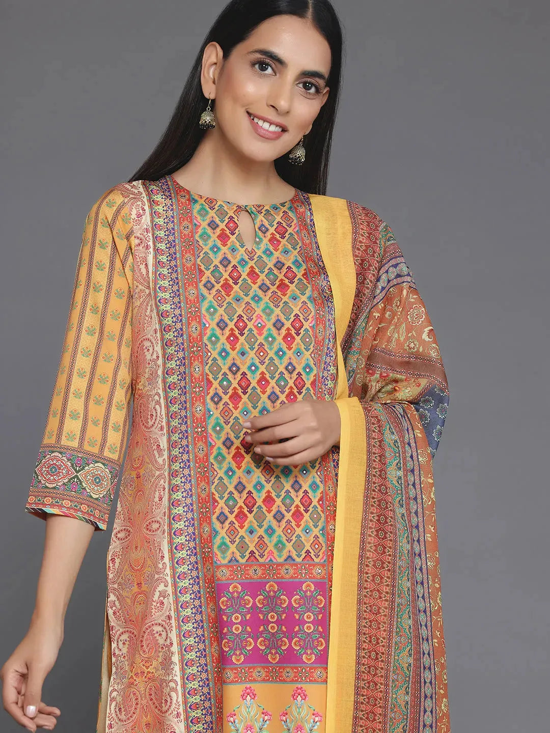  Mustard Printed Poly Crepe Straight Suit With Dupatta 