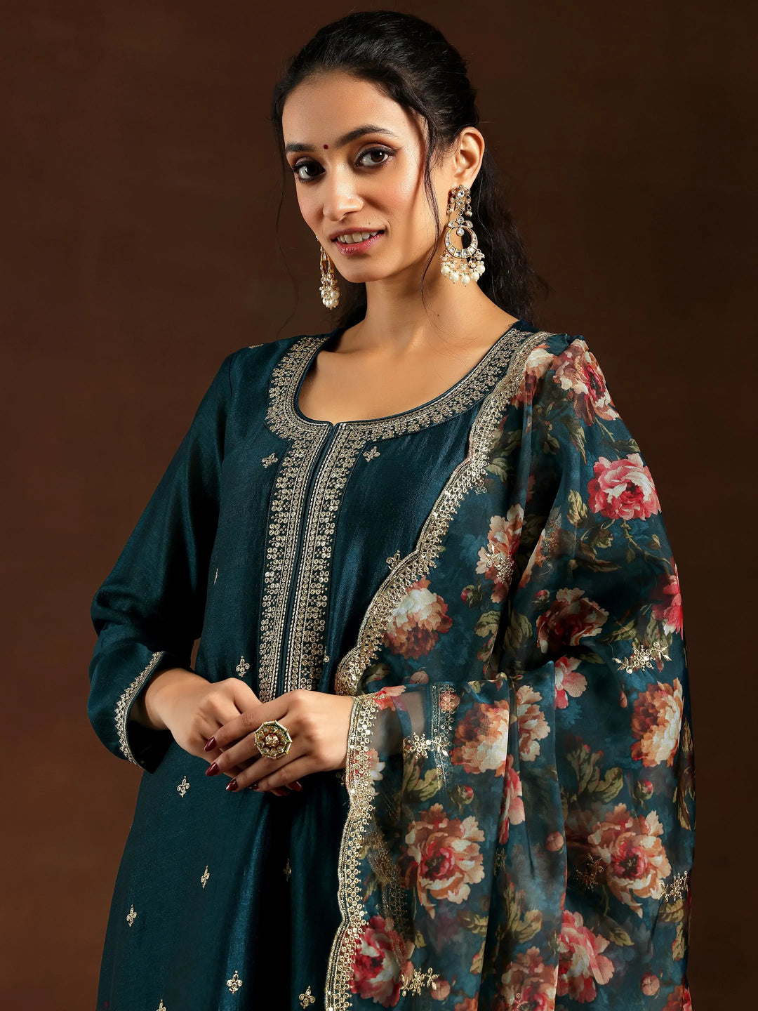  Teal Embroidered Silk Blend Straight Suit With Dupatta 