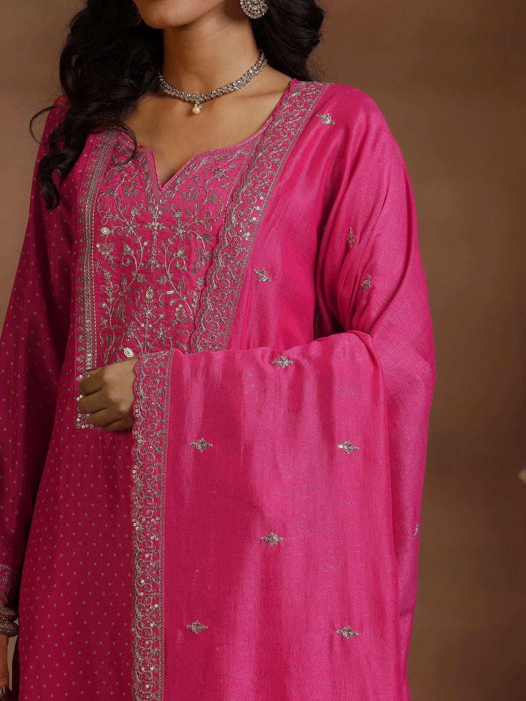  Pink Printed Silk Blend Straight Suit With Dupatta 