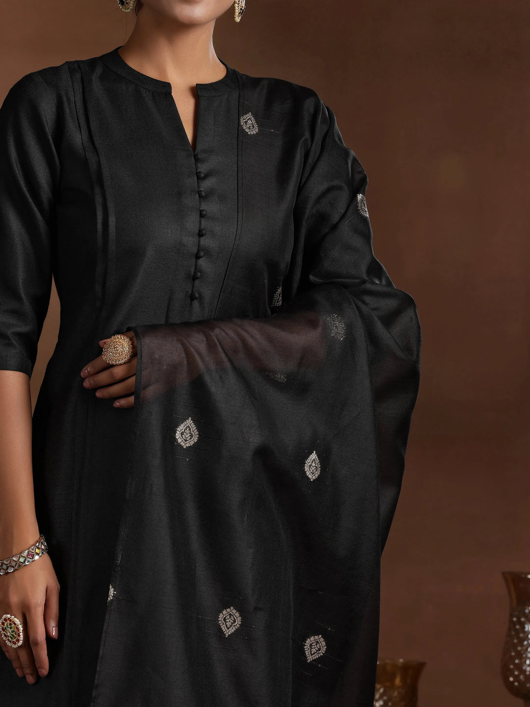  Black Solid Cotton Blend Straight Suit With Dupatta 