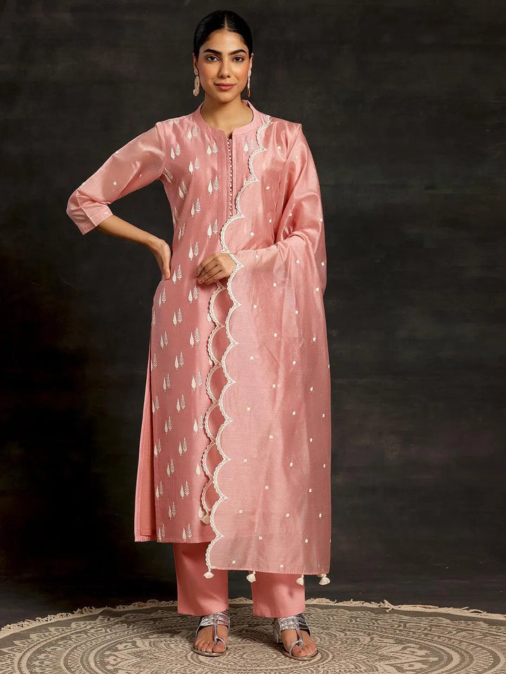Peach Embroidered Chanderi Silk Straight Suit With Dupatta - Libas