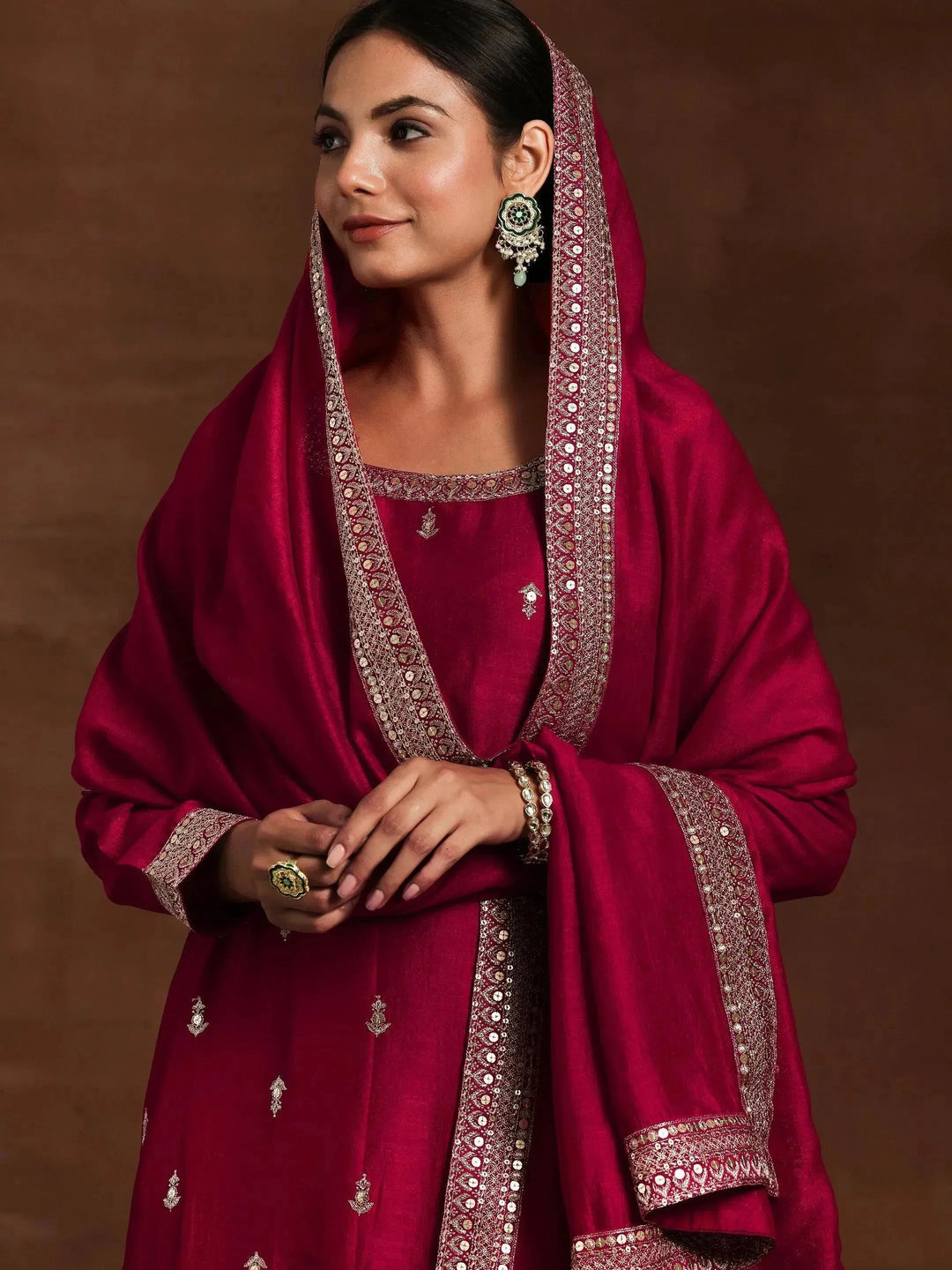 Pink Embroidered Silk Blend Straight Suit With Dupatta - Libas 