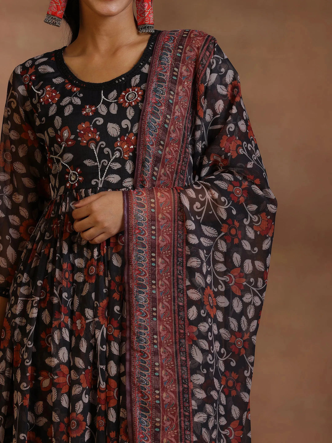  Black Printed Poly Chiffon A-Line Kurta With Palazzos & Dupatta 