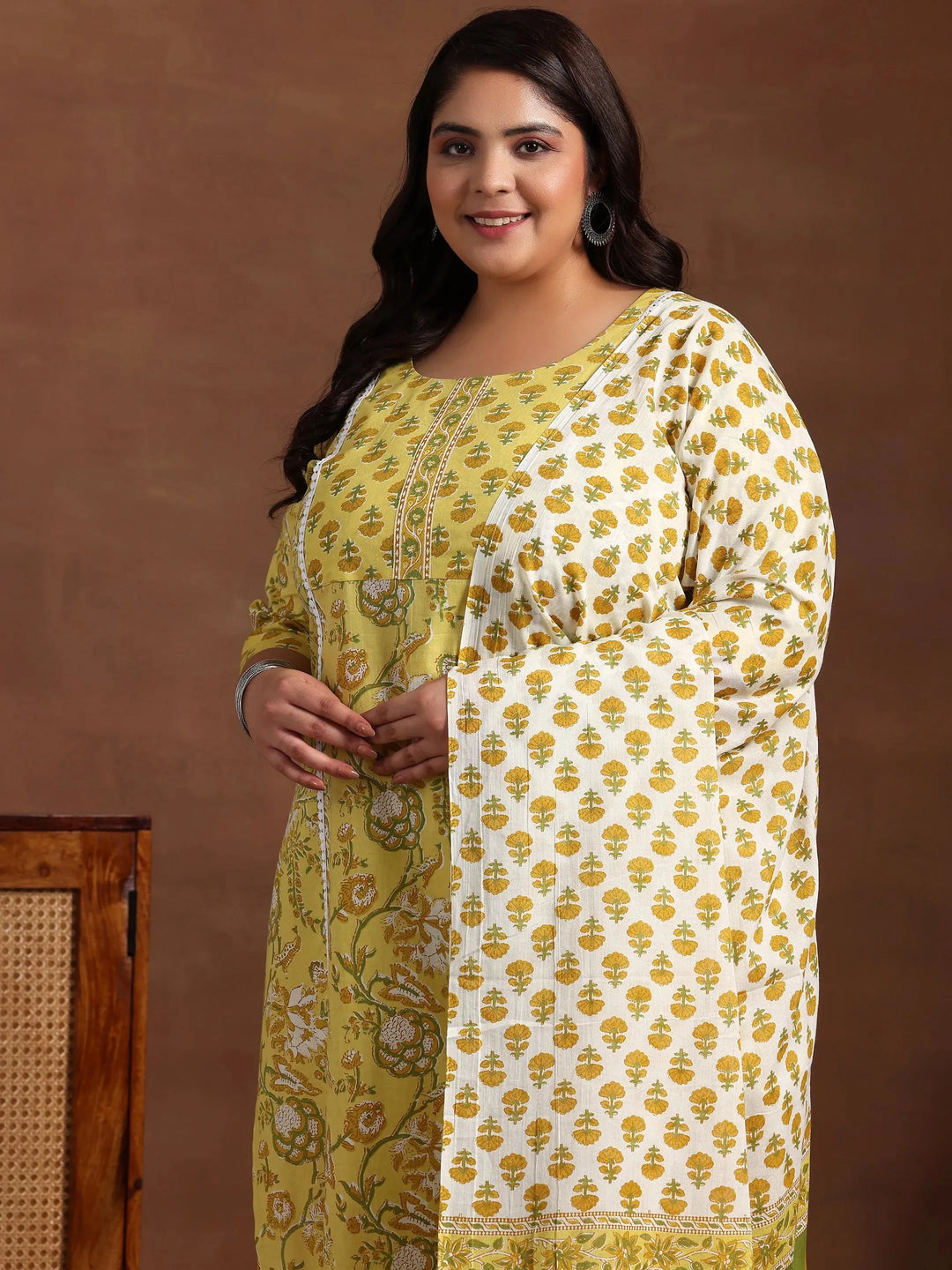  Plus Size Yellow Printed Cotton Straight Suit With Dupatta 