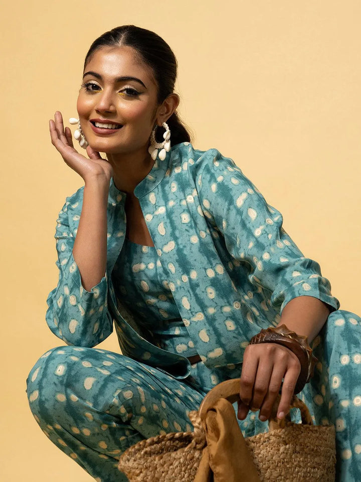 Teal Printed Rayon Co-Ords - Libas