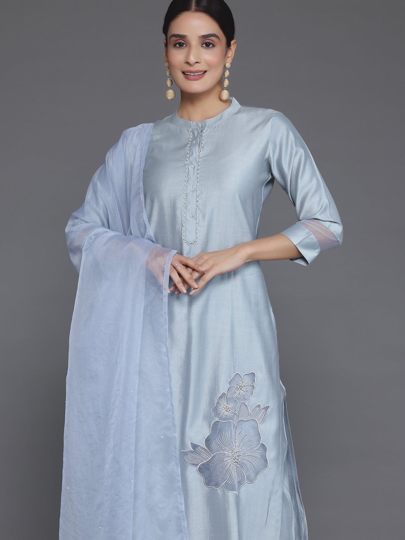 Grey Solid Silk Blend Straight Suit With Dupatta - Libas