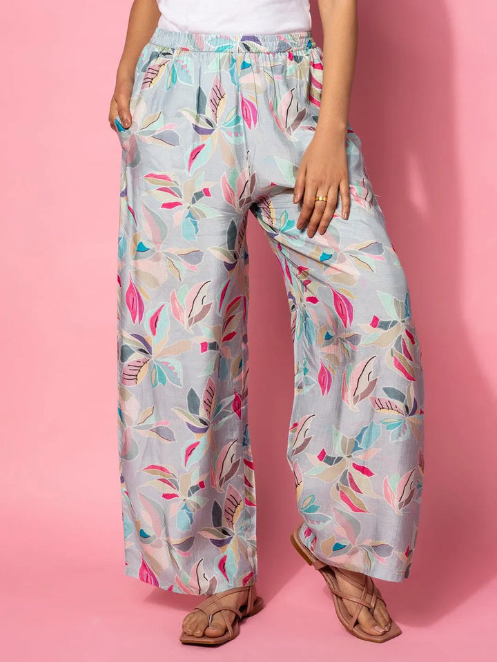 Grey Printed Silk Blend Co-Ords - Libas