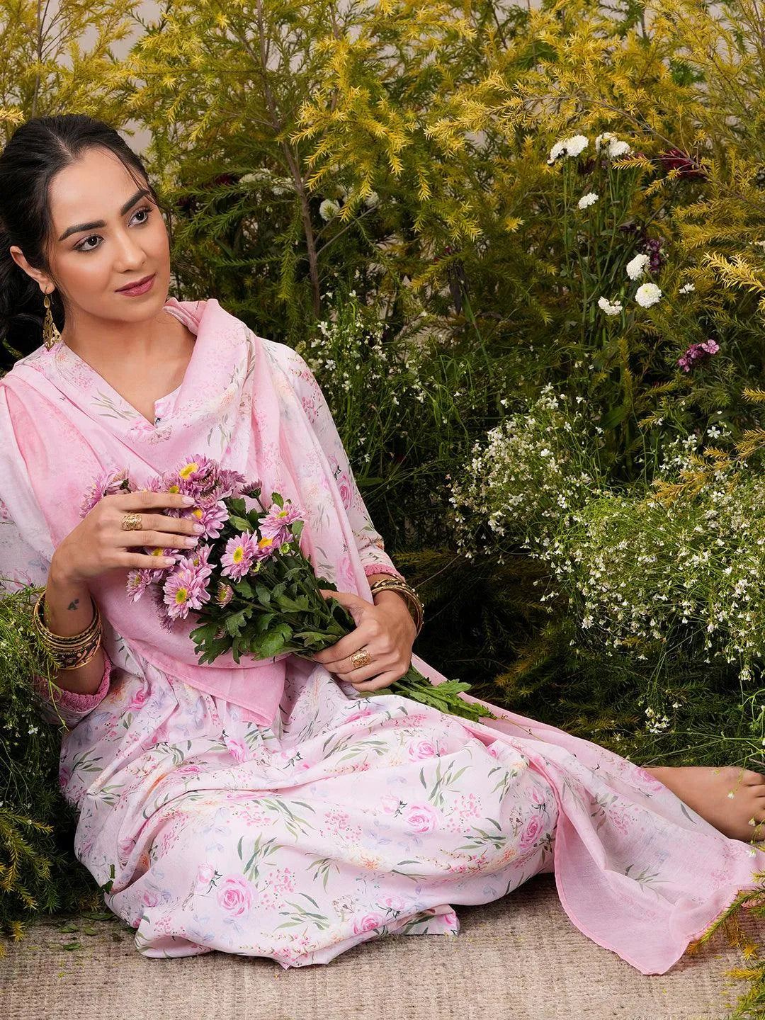 Pink Printed Cotton Blend A-Line Kurta With Palazzos & Dupatta - Libas