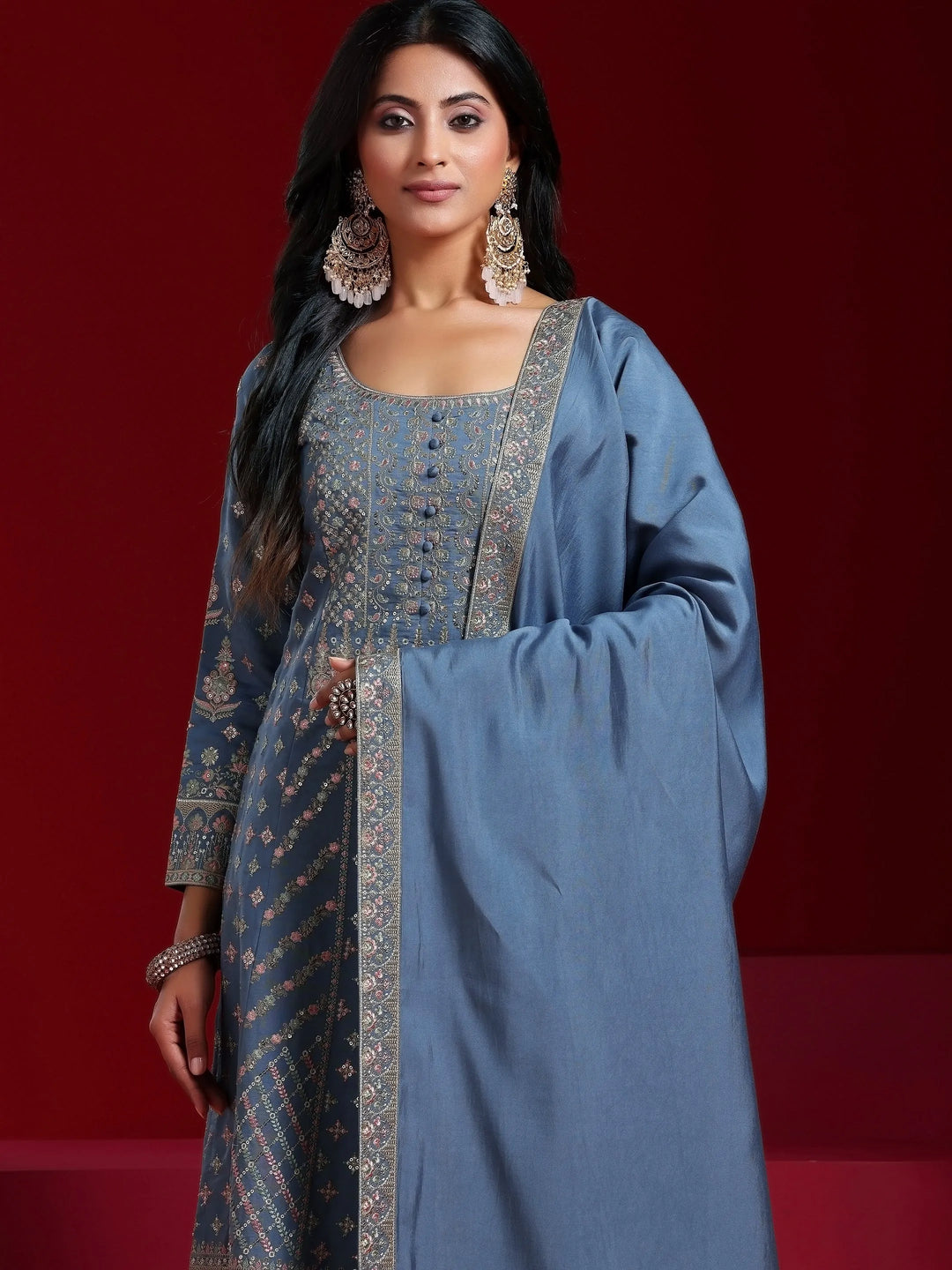  Libas Art Blue Embroidered Silk Blend A-Line Kurta With Trousers & Dupatta 