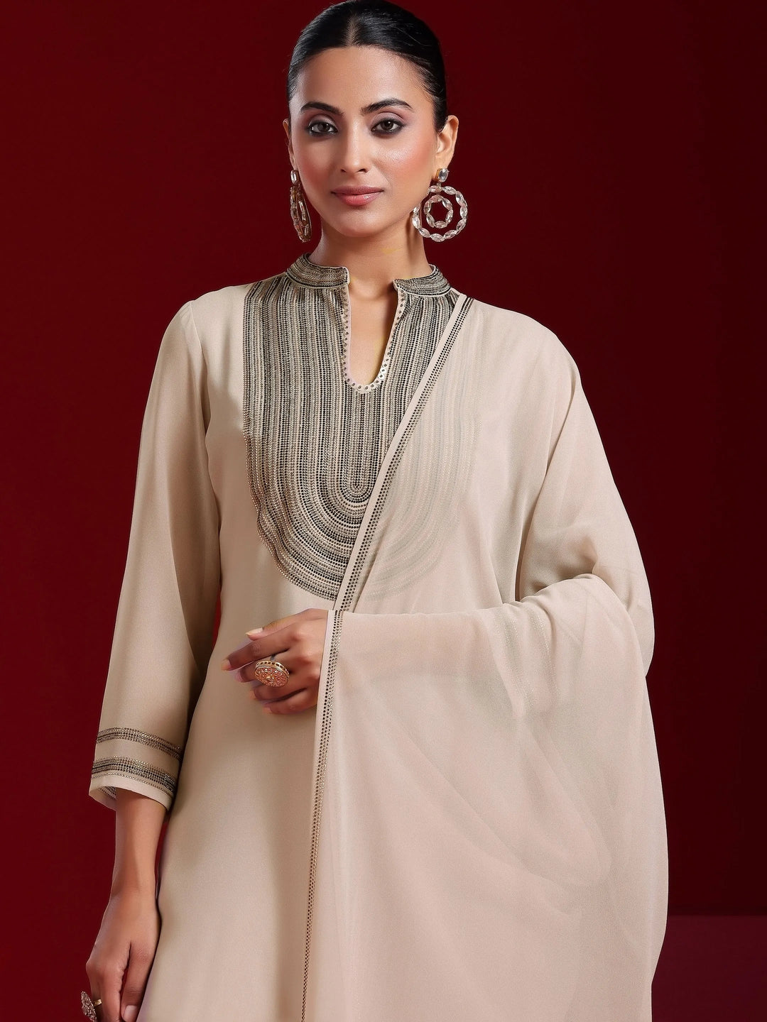  Libas Art Beige Yoke Design Georgette Straight Suit With Dupatta 