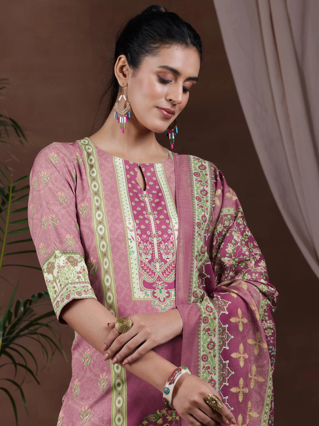  Mauve Printed Poly Crepe Straight Suit With Dupatta 
