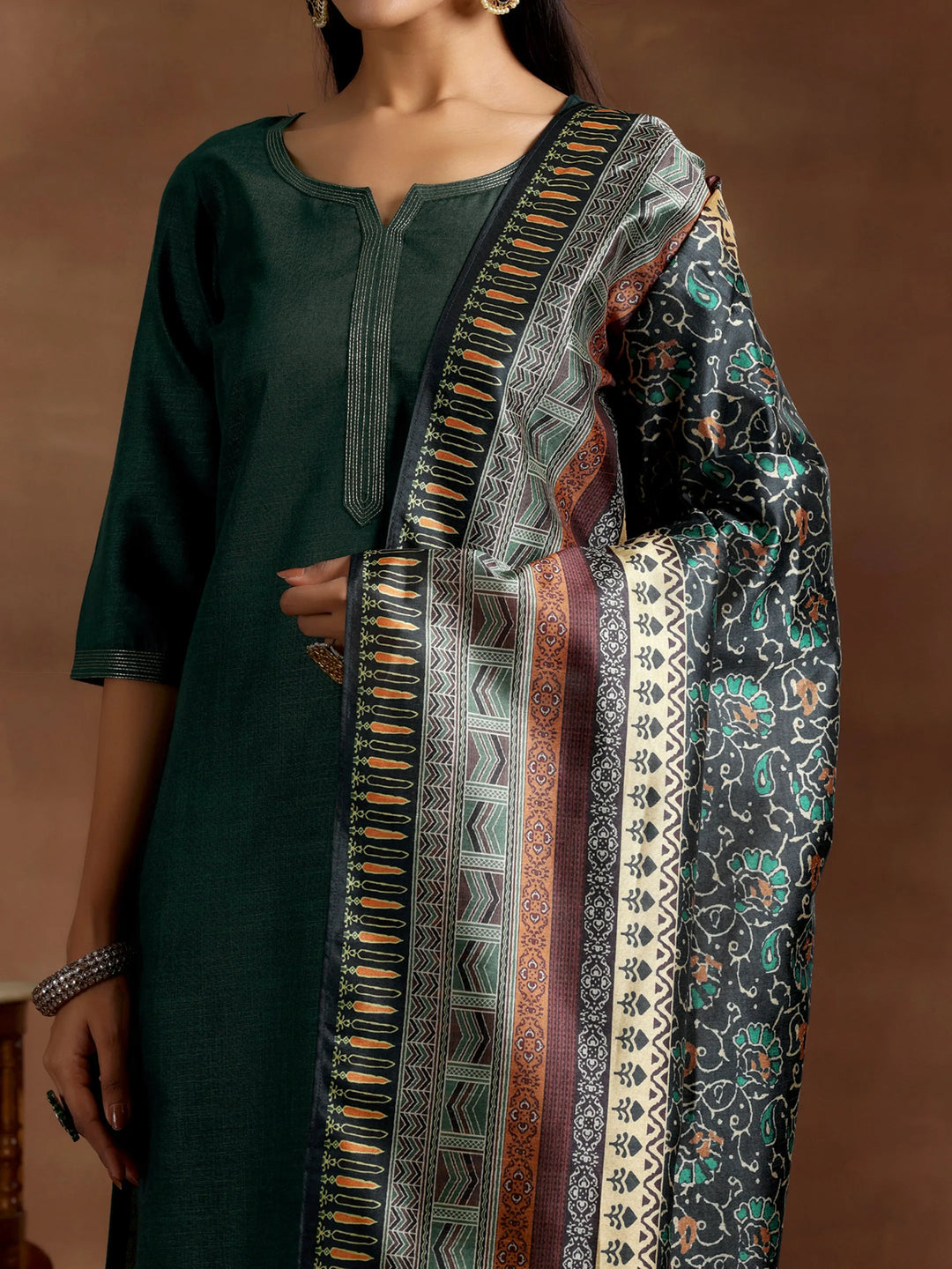  Green Solid Cotton Blend Straight Suit With Dupatta 