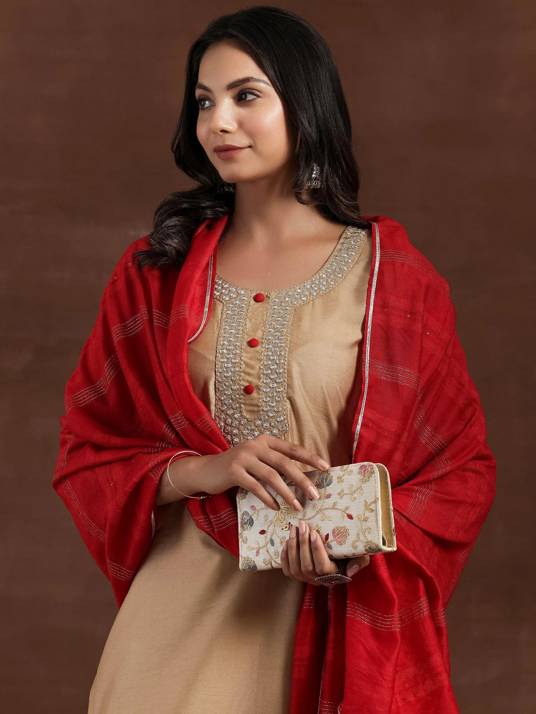 Beige Yoke Design Silk Blend Straight Kurta With Trousers & Dupatta - Libas 