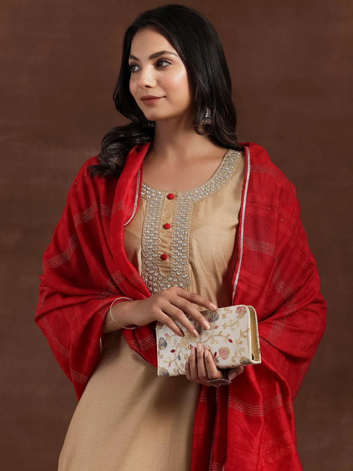 Beige Yoke Design Silk Blend Straight Kurta With Trousers & Dupatta - Libas