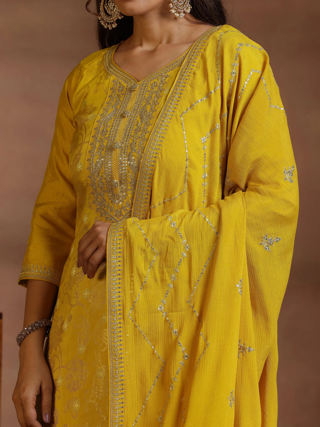  Mustard Woven Design Silk Blend Straight Suit With Dupatta 