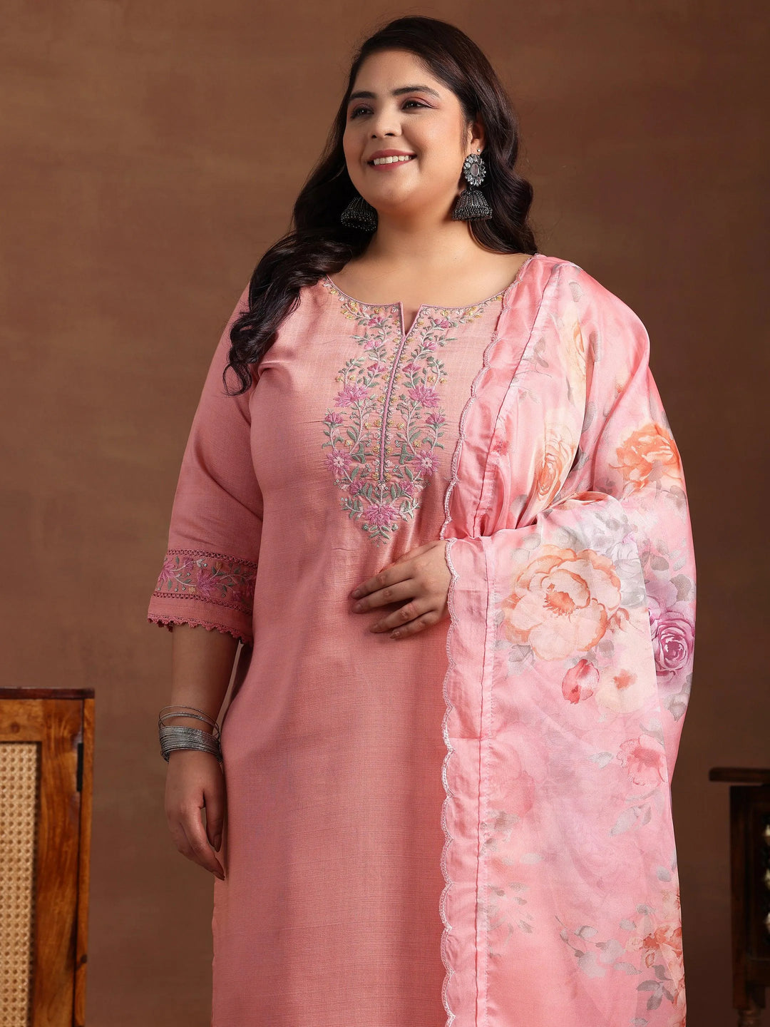 Plus Size Peach Yoke Design Silk Blend Straight Suit With Dupatta - Libas 