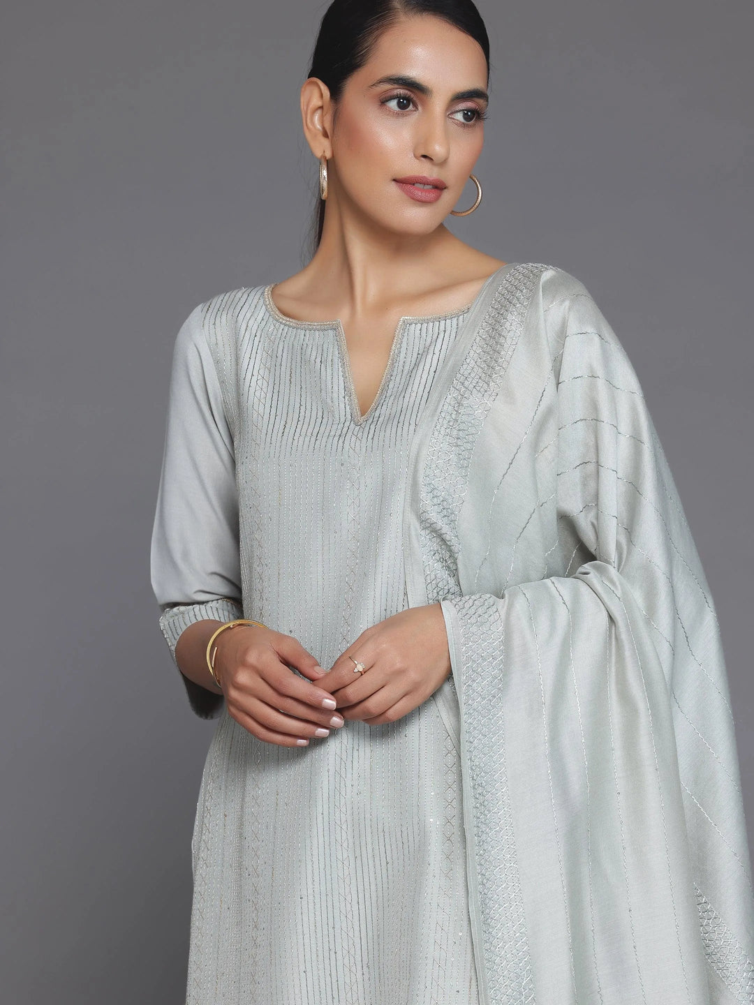 Grey Self Design Silk Blend Straight Suit With Dupatta - Libas 