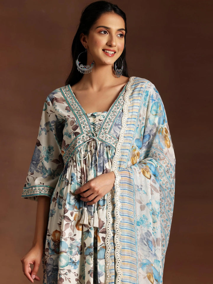 Off white Printed Silk Blend A-Line Kurta With Palazzos & Dupatta - Libas