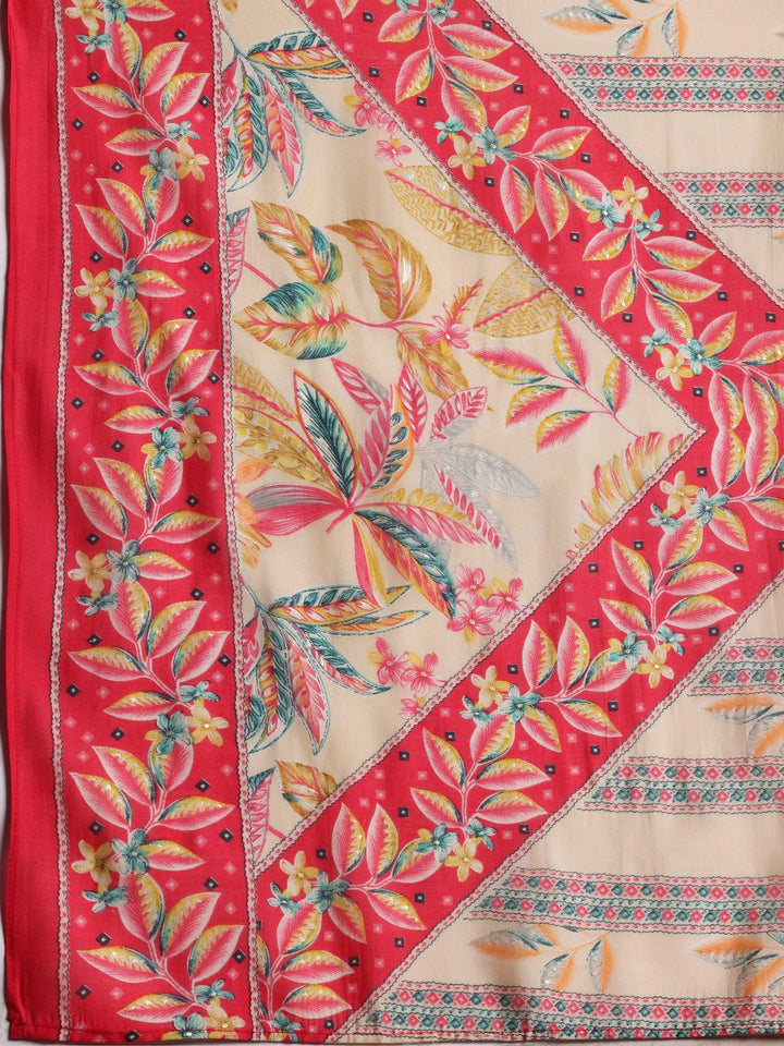 Off White Printed Silk Blend Straight Suit With Dupatta - Libas