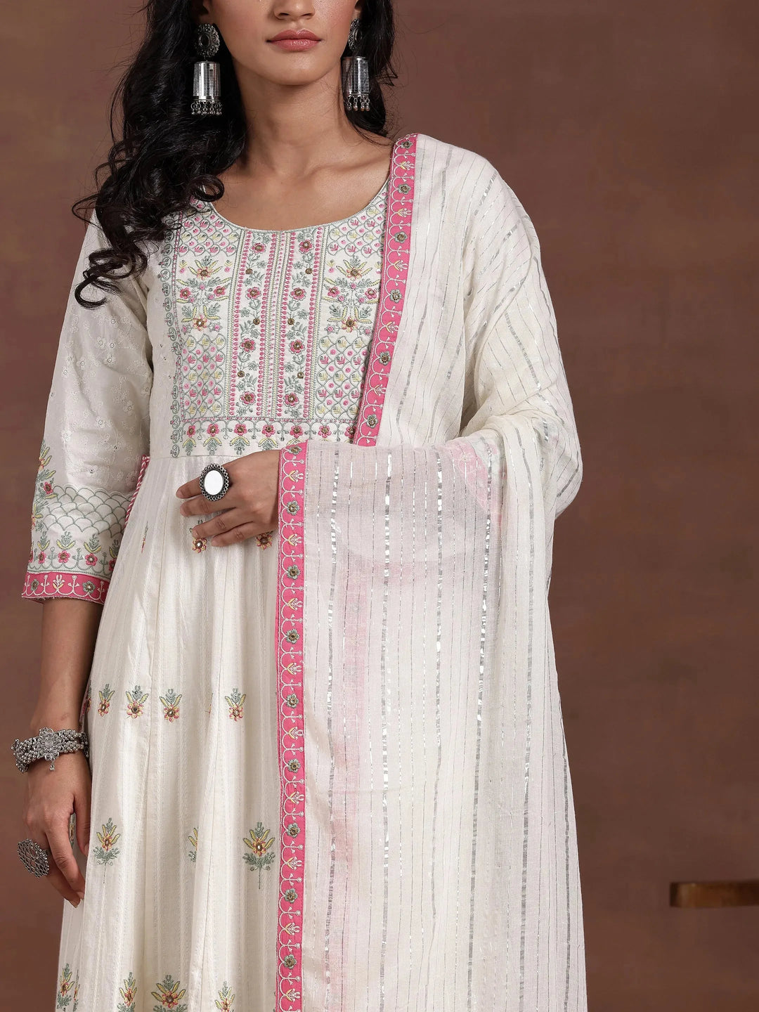  Off white Embroidered Cotton A-Line Kurta With Trousers & Dupatta 
