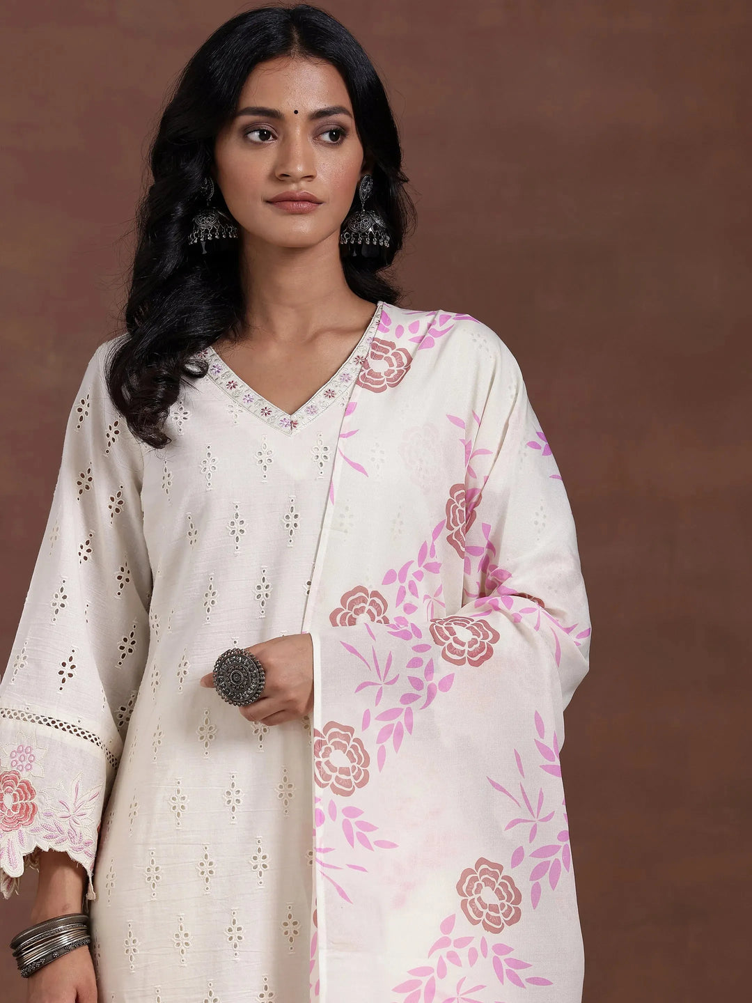  Off white Self Design Cotton Straight Suit With Dupatta 