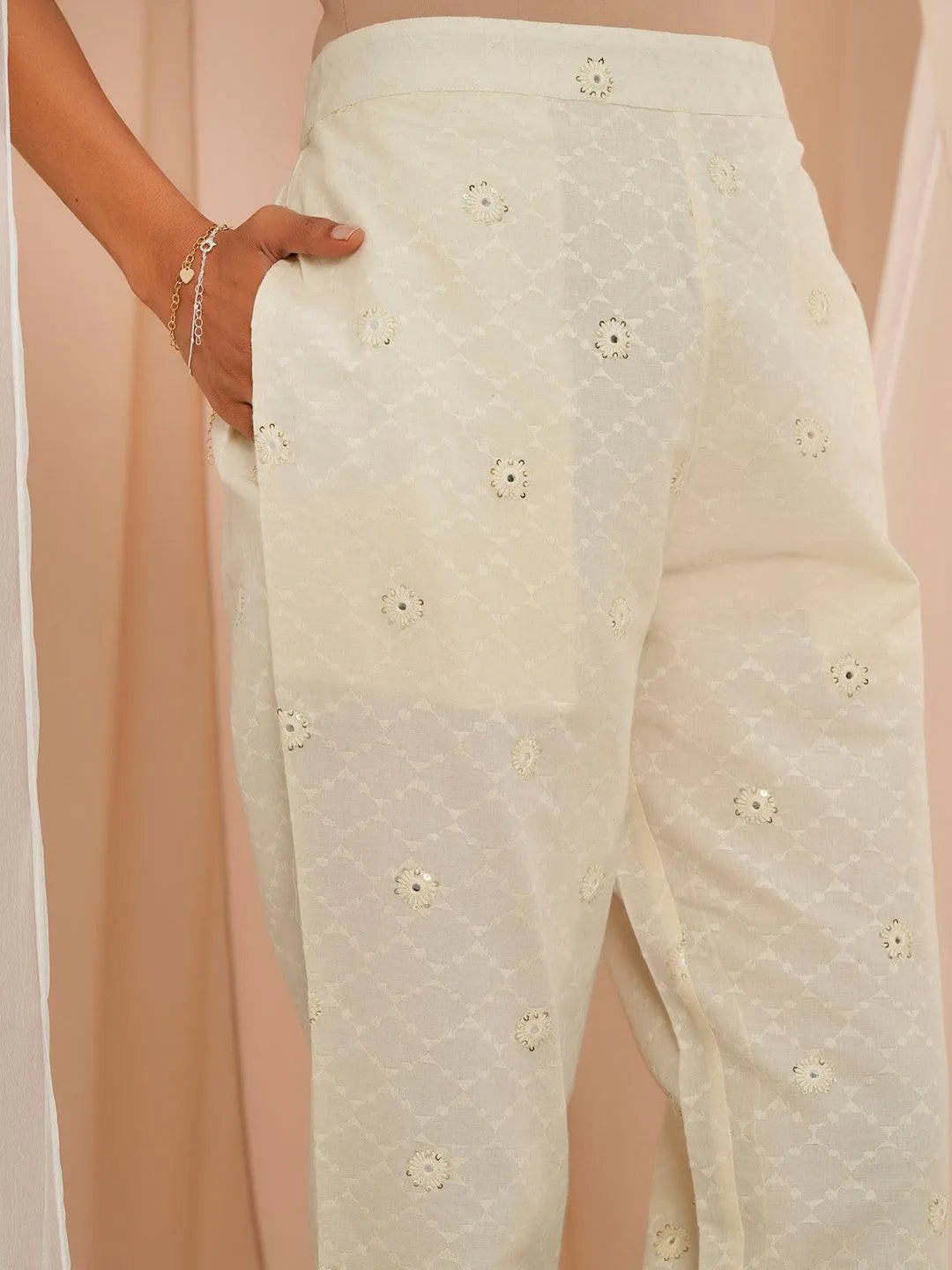 Off White Embroidered Cotton A-Line Kurta With Trousers & Dupatta - Libas 