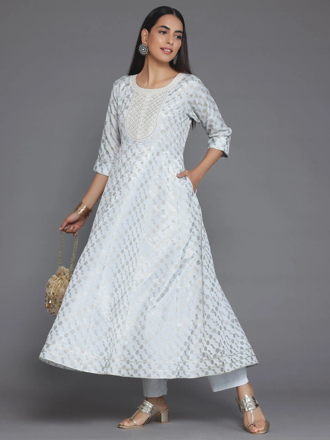 Grey Printed Silk Blend A-Line Kurta With Trousers - Libas 