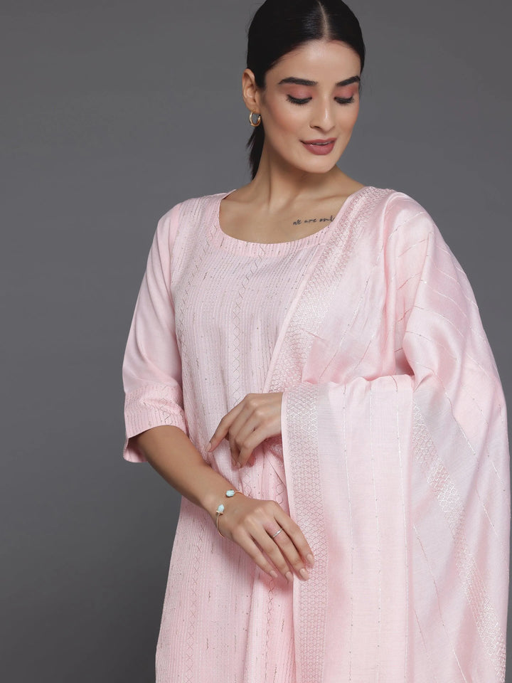 Peach Self Design Silk Blend Straight Suit With Dupatta - Libas