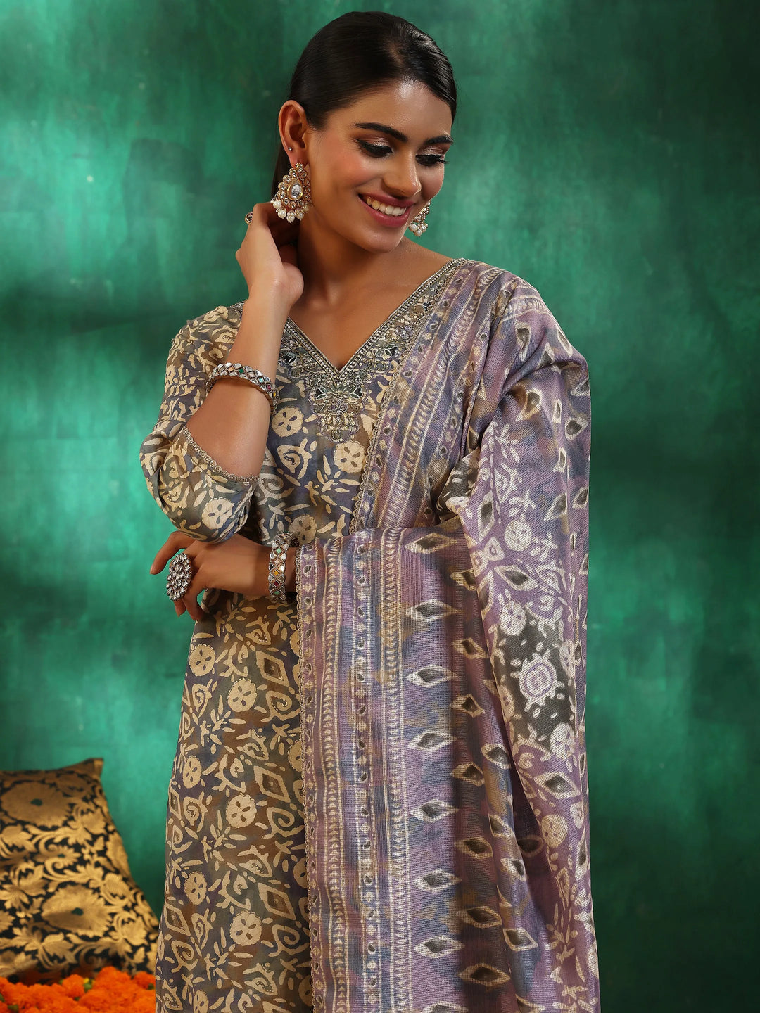  Mauve Printed Silk Blend Straight Suit With Dupatta 