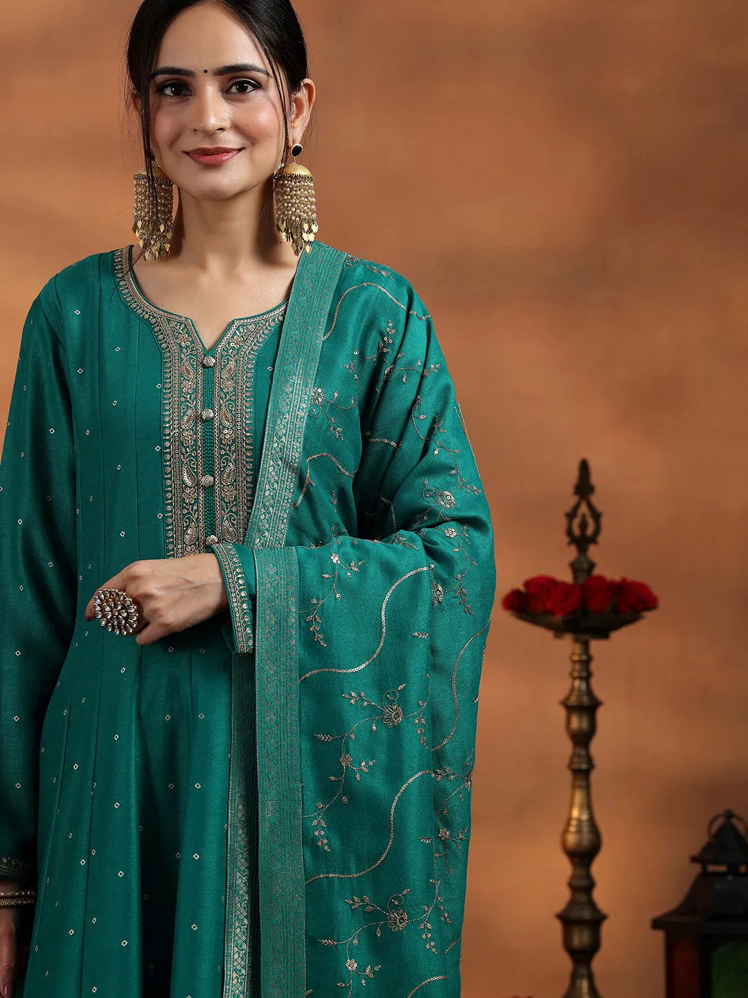  Rama Green Embroidered Silk Blend Anarkali Suit With Dupatta 