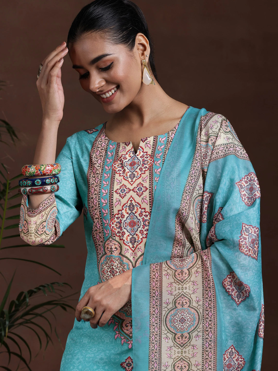  Blue Printed Poly Crepe Straight Suit With Dupatta 